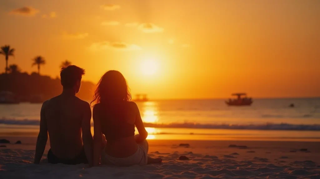 Barefoot couple walking by the ocean during golden hour with sky reflections in water