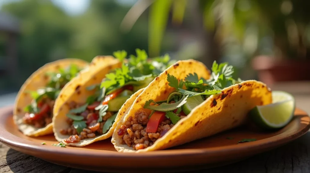 Close-up of street tacos with chickpeas, vegetables, and lime slices served on a wooden plate