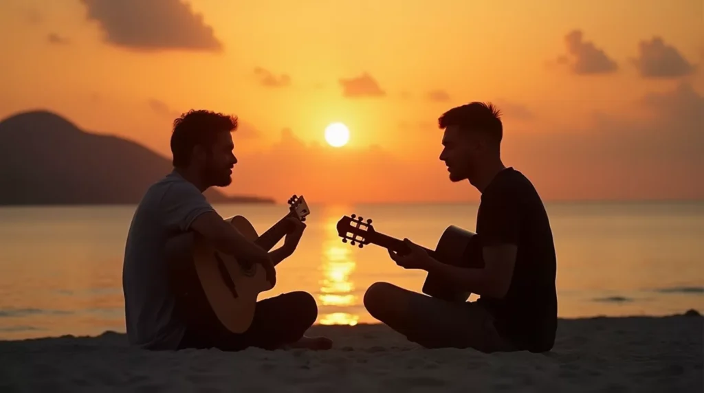 Two friends playing acoustic guitars on a tropical beach at sunset, silhouettes against the ocean