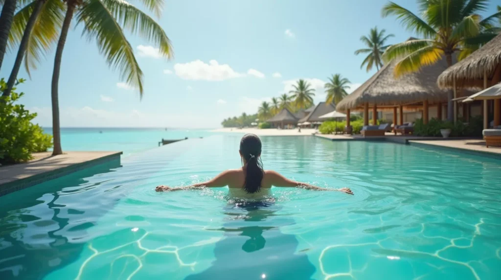 Traveler relaxing in an infinity pool facing the ocean with palm trees and straw beach huts