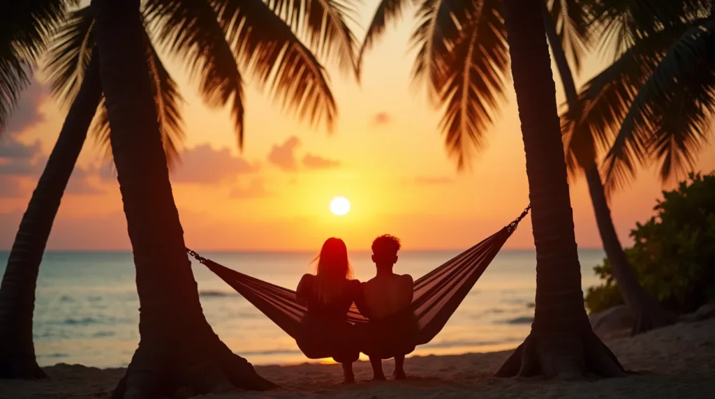 Young couple in hammocks between palm trees, tropical beach sunset in background