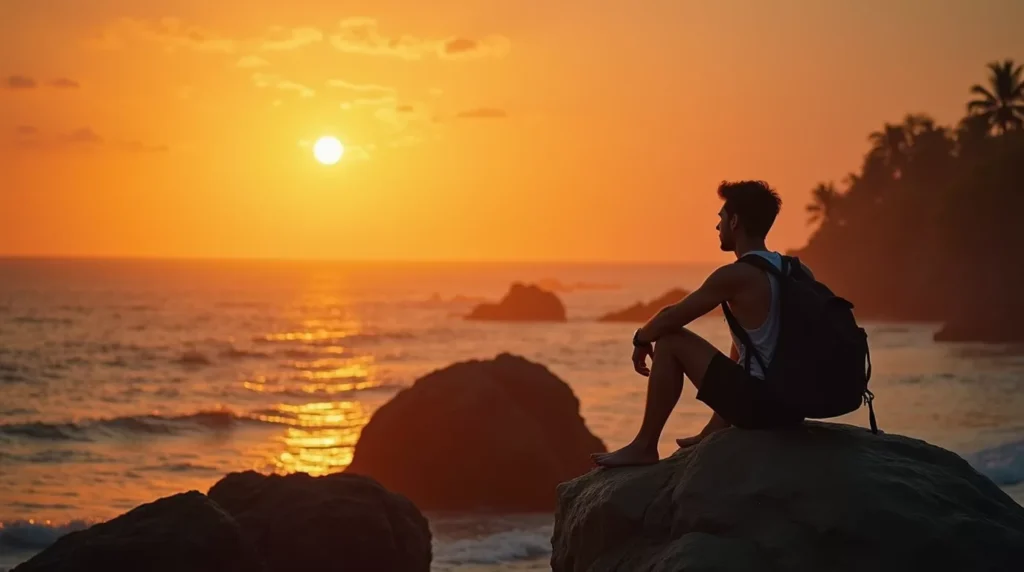 Solo traveler sitting on a rock looking out at the sea, tropical sunset in background