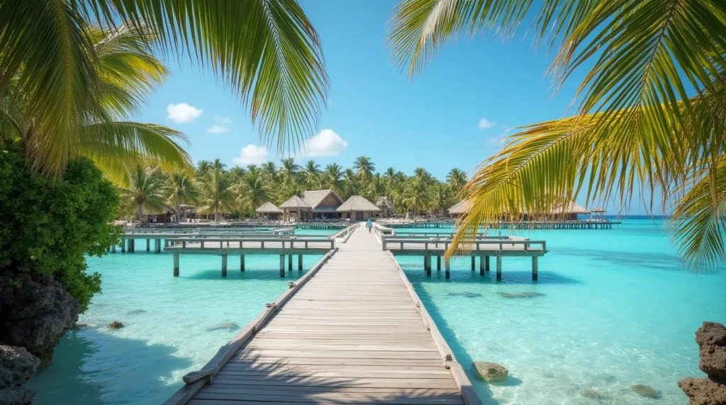 Wooden boardwalk leading to a tropical beach resort with palm trees and clear turquoise water